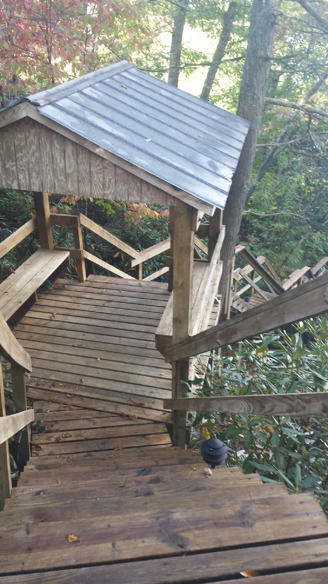 Metal roofed shelter over wooden steps on a wooded walkway — Skylight Repair & Installation work by our crew in Fresh Meadows